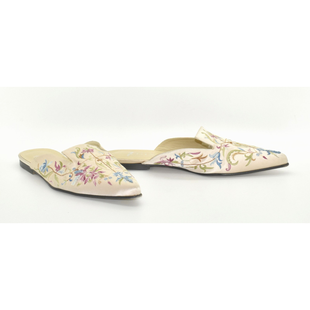 A6 Auth GINA Beige Silk Satin Floral Embroidered Flat Mules Size UK6.5 US8.5